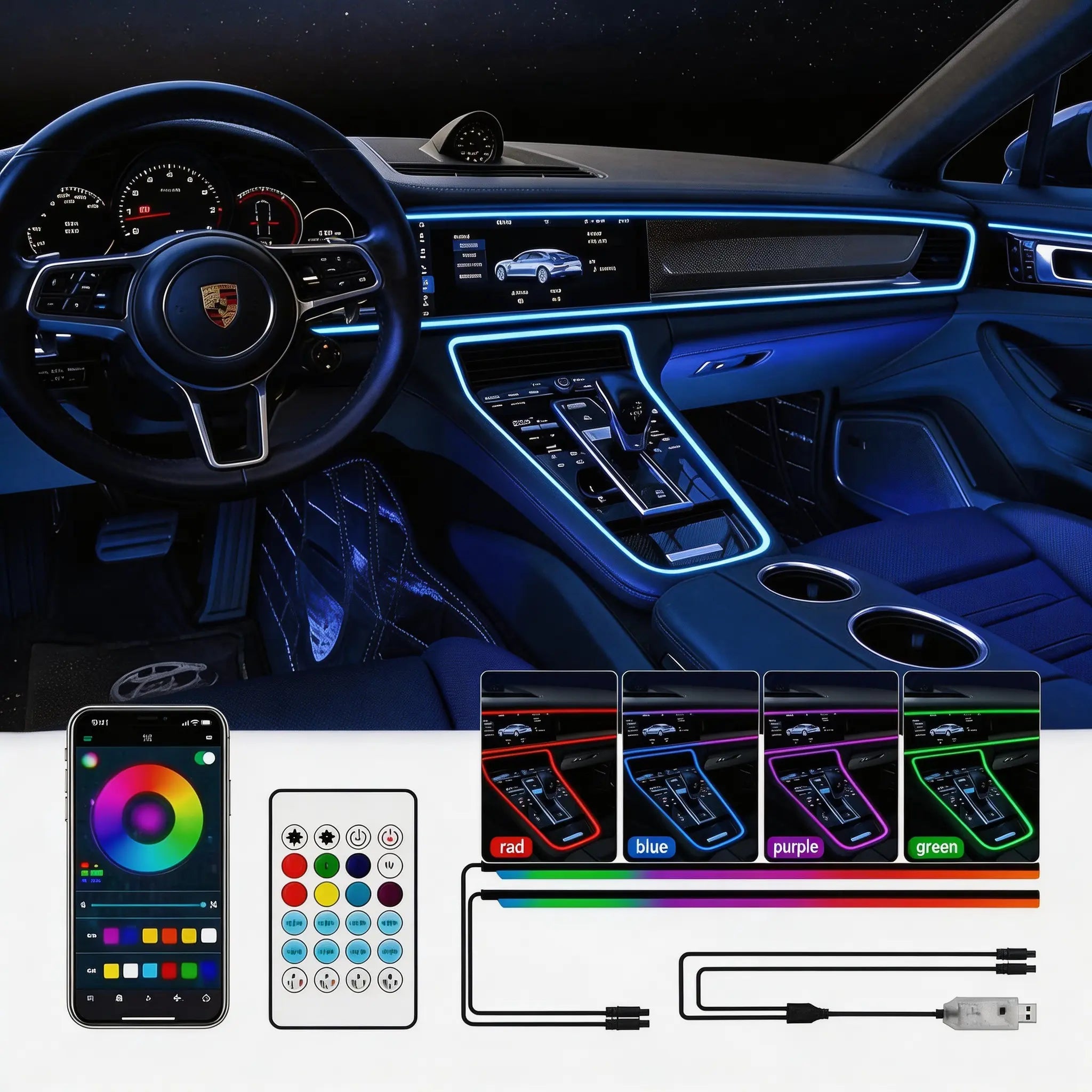 Ceesooi Smart 2 in 1 Car LED Interior Lights, USB Powered RGB Ambient Lighting Strip Kit with App Control, Music Sync, DIY Mode 110Cm+110Cm, Multi Color Car Decor Accessories for Cars Trucks, Gift for Men Women