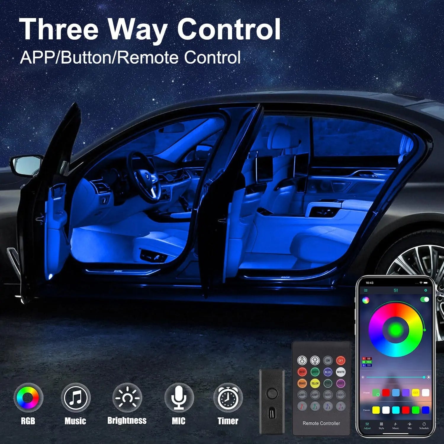 Ceesooi Smart 2 in 1 Car LED Interior Lights, USB Powered RGB Ambient Lighting Strip Kit with App Control, Music Sync, DIY Mode 110Cm+110Cm, Multi Color Car Decor Accessories for Cars Trucks, Gift for Men Women
